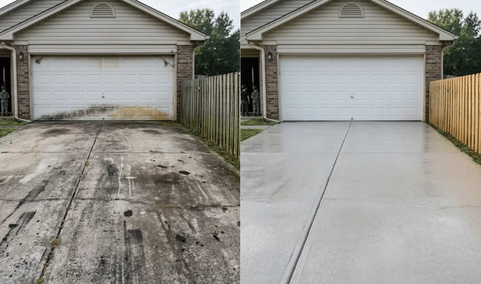 Garage driveway before with oil stains and dirt, after clean