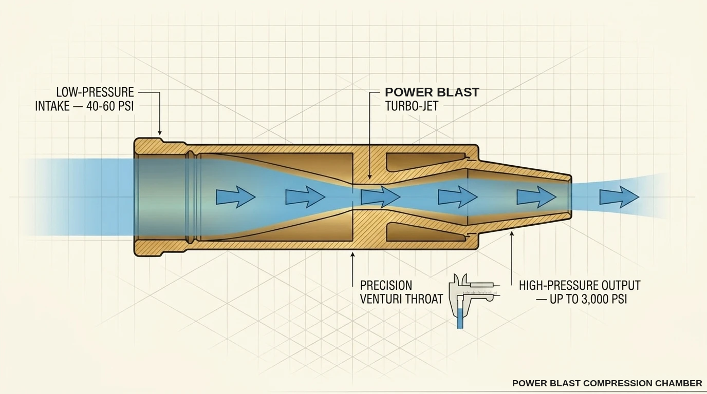 Diagram of the Power Blast compression chamber — cross-section showing low-pressure intake, venturi throat, and high-pressure output
